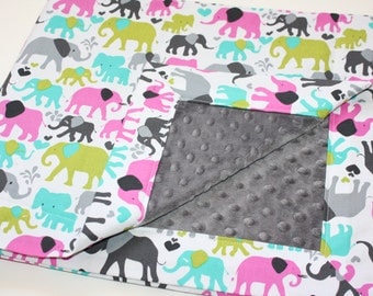 Minky Baby Blanket - Elephant Walk in Orchid with choice of Minky Dot (30 X 32)