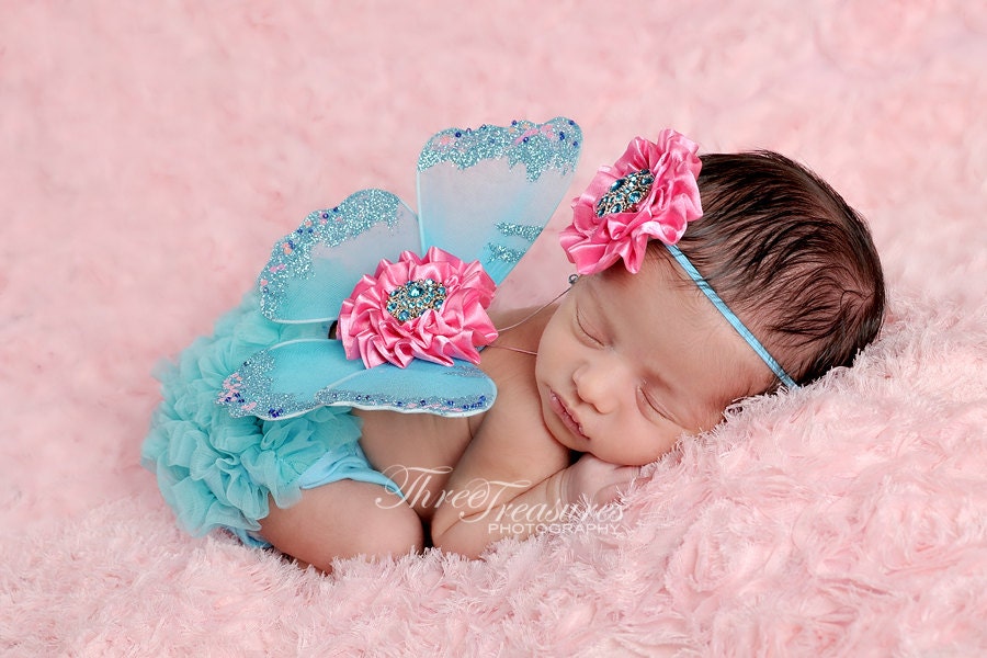 Baby girls newborn butterfly wings with matching headband set  dark aqua with pink
