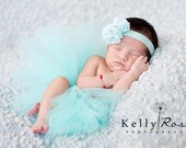 baby headband aqua chiffon flower gathered fabric pearl rhinestone center soft elastic ready to ship
