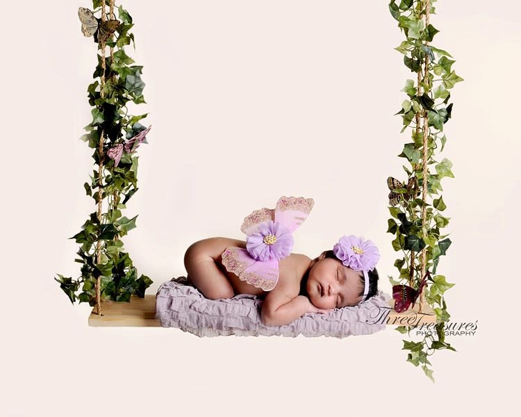 Newborn butterfly wings baby girl photo prop lavender with fabric flowers gold rhinestones ready to ship