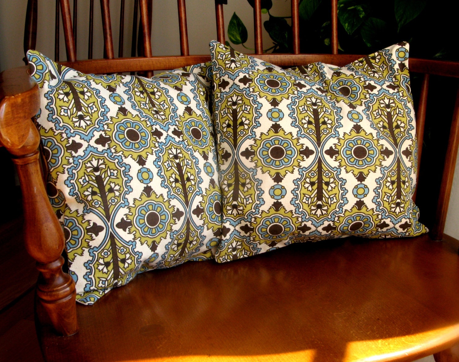 Brown Floral Pillow Slipcovers, Gold and Teal Flowers, Pillow Covers, Set of Two, 12 Inch, Washable