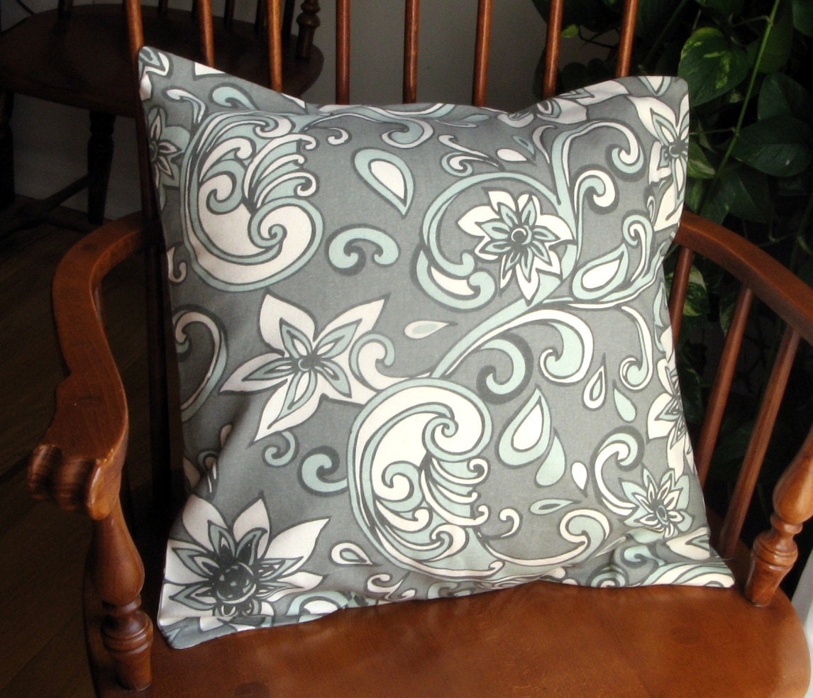 Gray Floral Pillow Cover, Natural and Blue Slipcover, Washable, 18 Inch