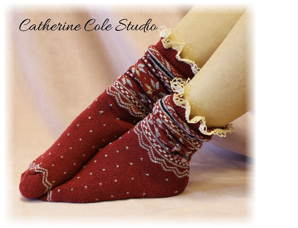 SLIPPER SOCKS Nordic ski sweater lace socks red SS1 Super thick sole great for hiking walking skiing made in usa CatherineCole Studio