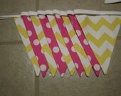 Flag Banner, Ready to Ship, 9 Ft 9 Large Flags, Chevron Dot Fabric Banner/Bunting,YELLOW and PINK, Photo Prop