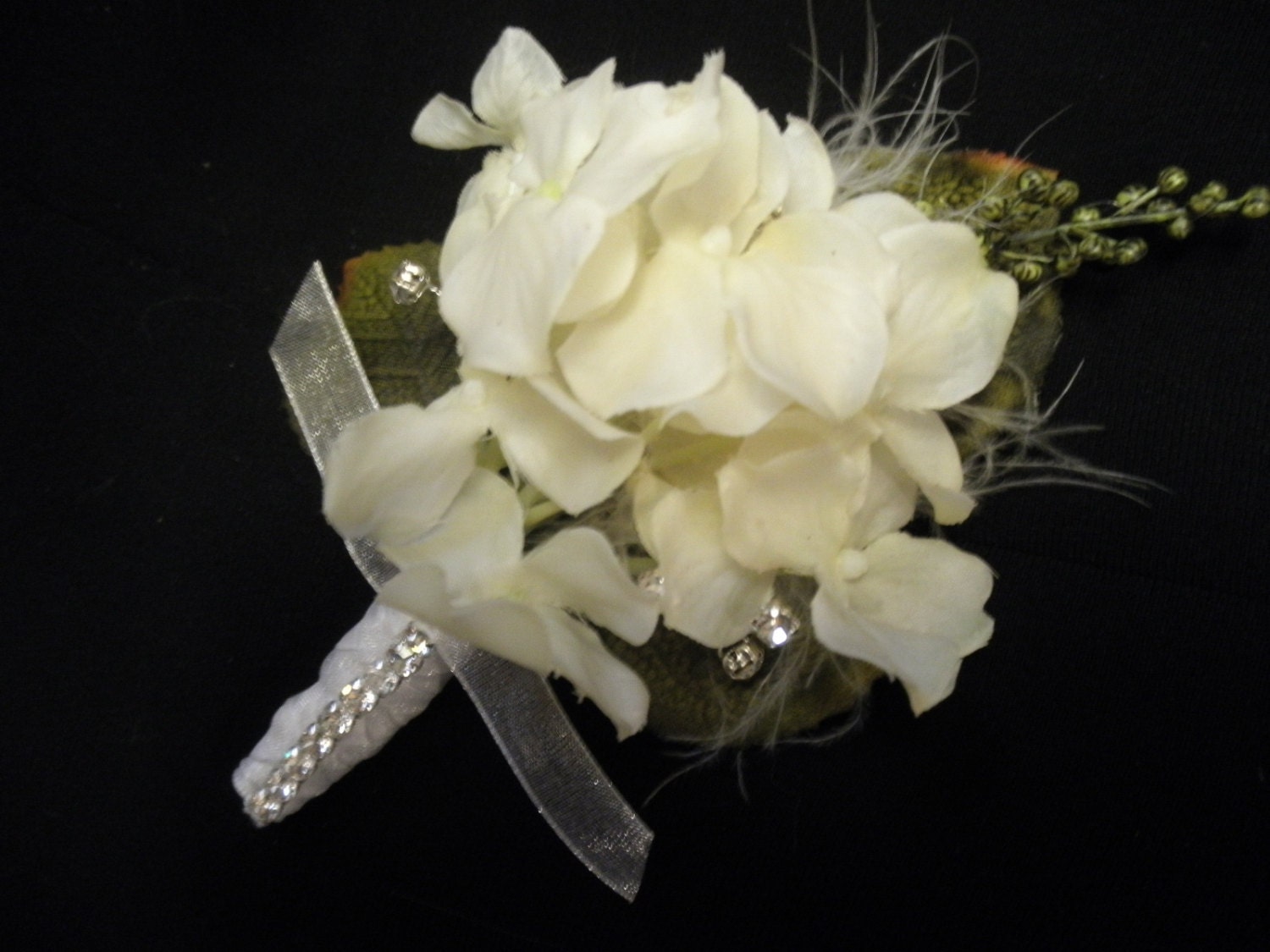 Groom Wedding Boutonniere in White REAL TOUCH Hydrangea flowers.  Satin wrap stem. Genuine Austrian Crystals. Rhinestone sprays.