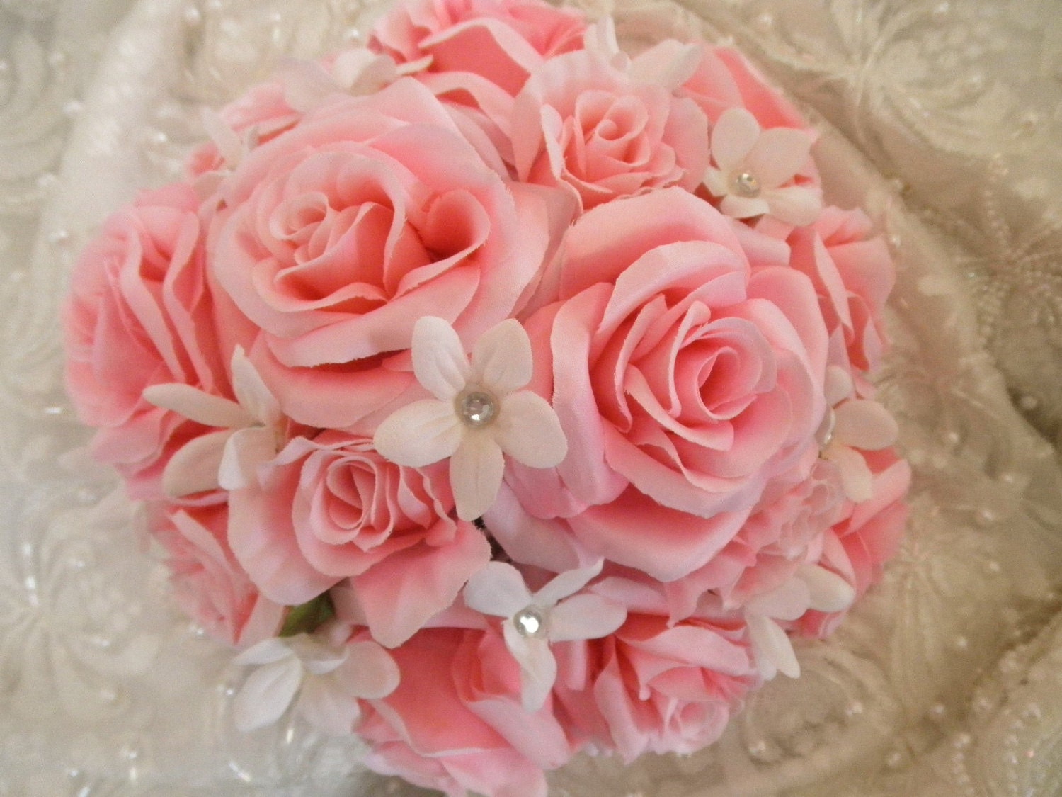 22 piece set.Pink Rose White Stephanotis Jasmine Wedding Brides Maid Bouquet Boutonnieres and Corsages with rhinestone trim