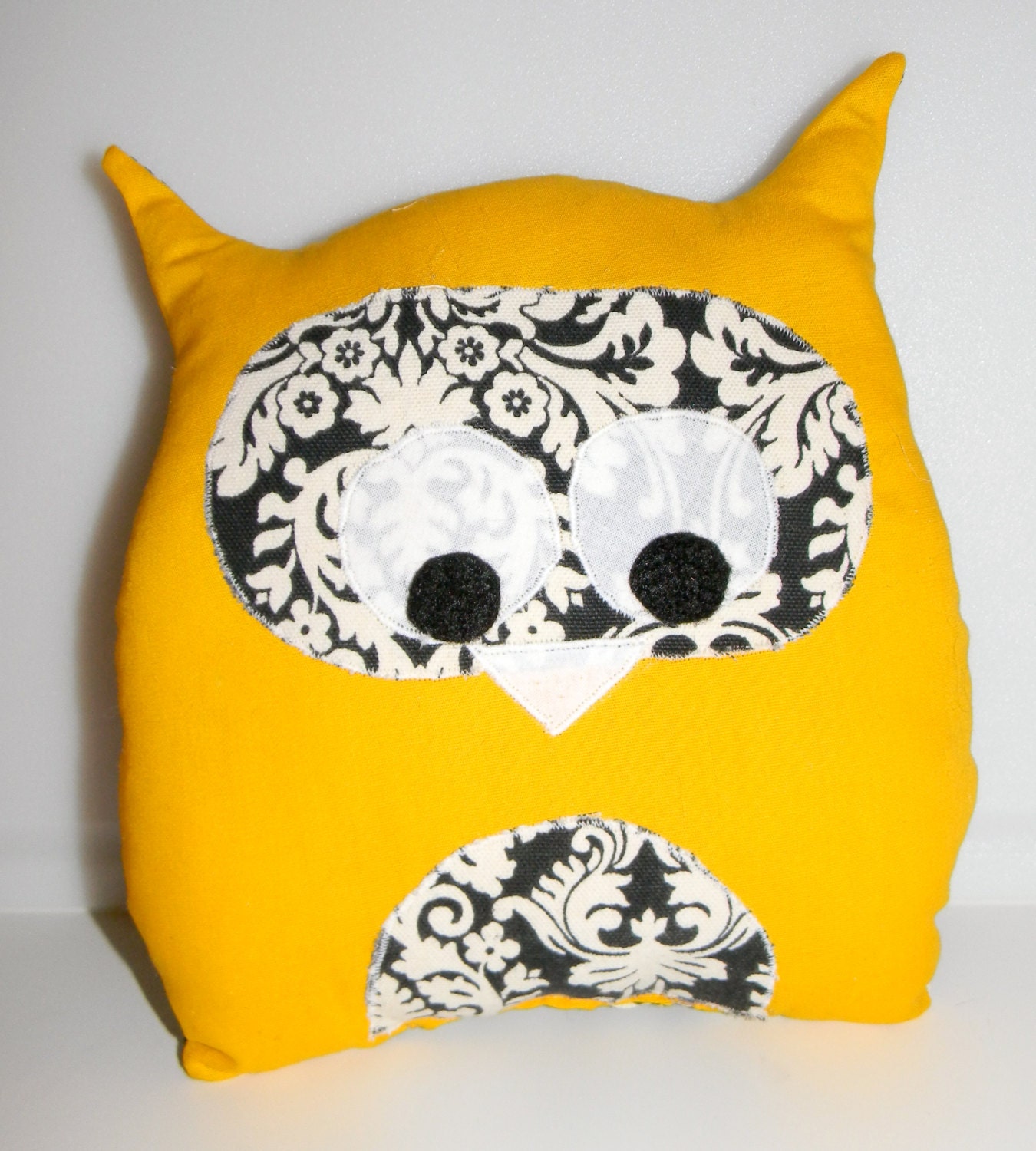 Plush Stuffed Owl Pillow Yellow and Black Damask
