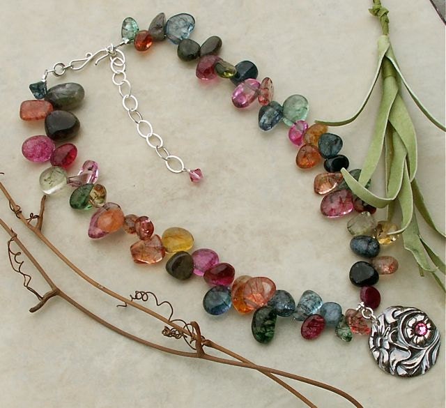 Handmade Multi-Color Quartz Nugget Sterling Silver Necklace with PMC Pendant
