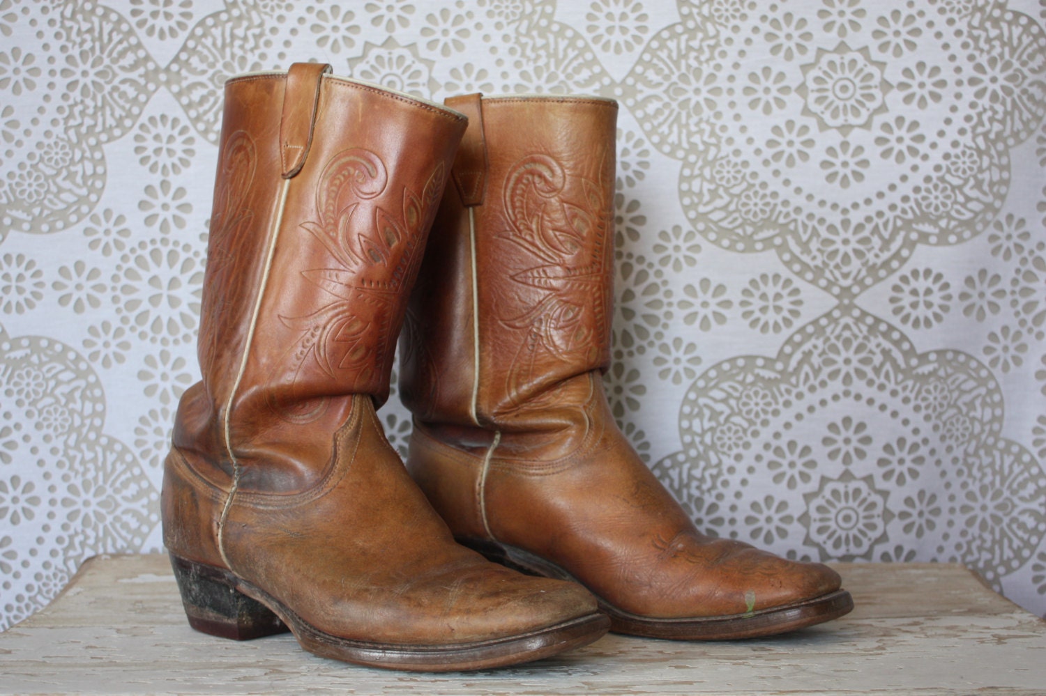 Vintage Men's Square Toe Caramel Tooled Leather Western Style Boots 11 D