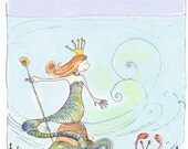 Mermaid Under The Sea, children's illustration, watercolour print  5 x 7 note card