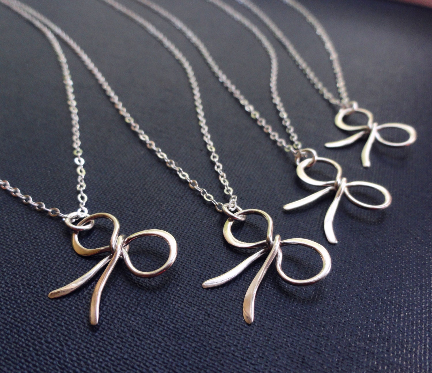 SET OF FIVE 5 Silver bow charm necklaces for bridesmaids, bridesmaid gifts, bow necklaces, ribbon charm, bridal jewelry, tie the knot