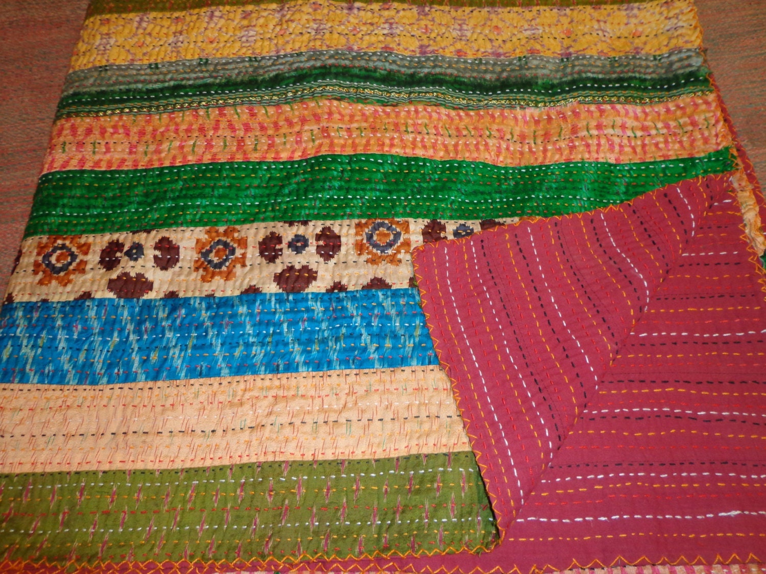 sari silk pattola patchwork quilt throw QUEEN size