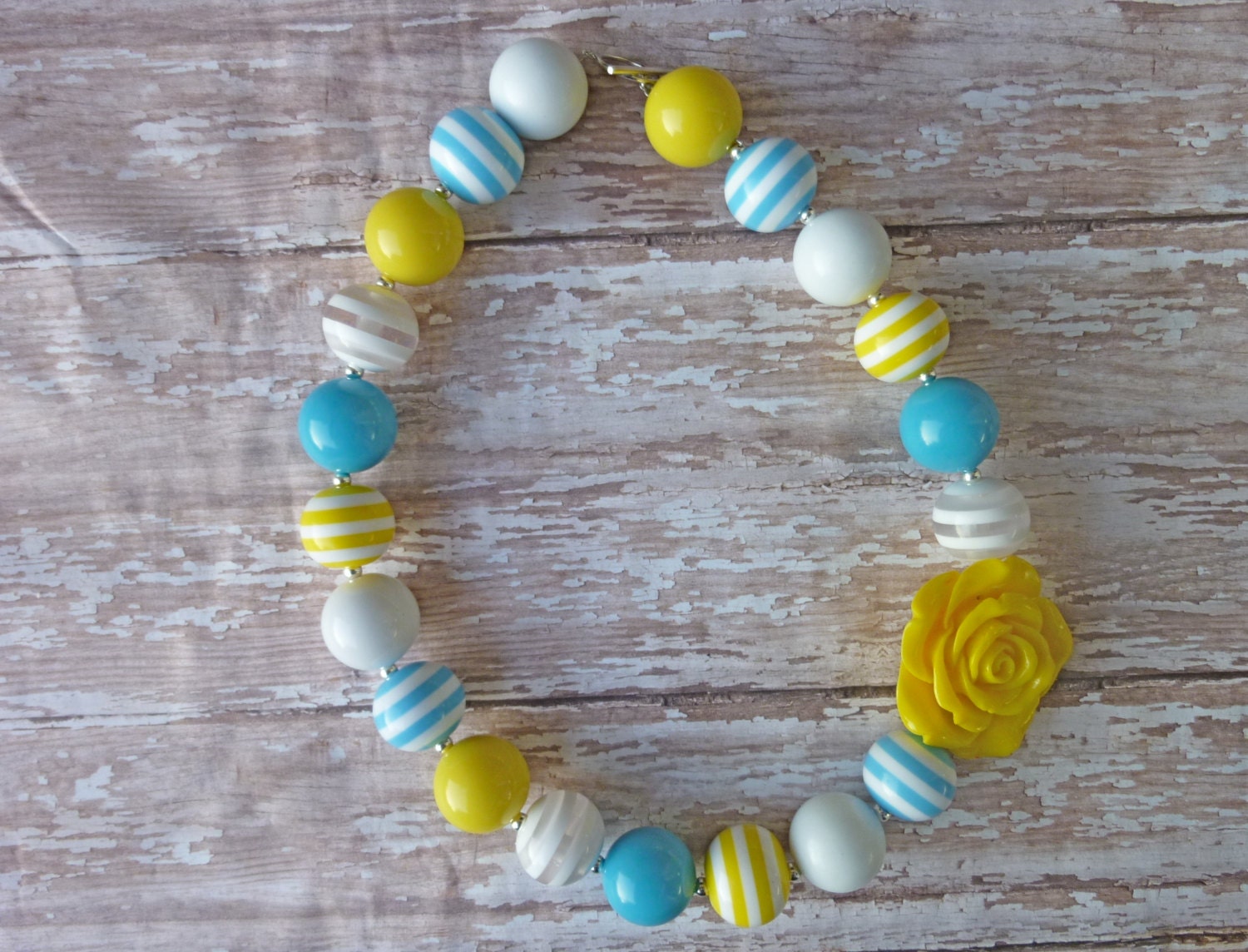Girls Chunky Necklace - Yellow, White, and Aqua Chunky Necklace - Bubblegum Necklace