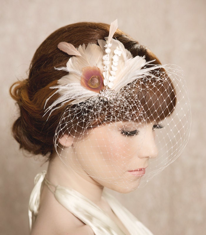 Ivory Blush Bridal Head Piece Feather Fascinator Flower Stamen Rhinestone Wedding Hair Piece Russian Veiling - Made to Order - IDA