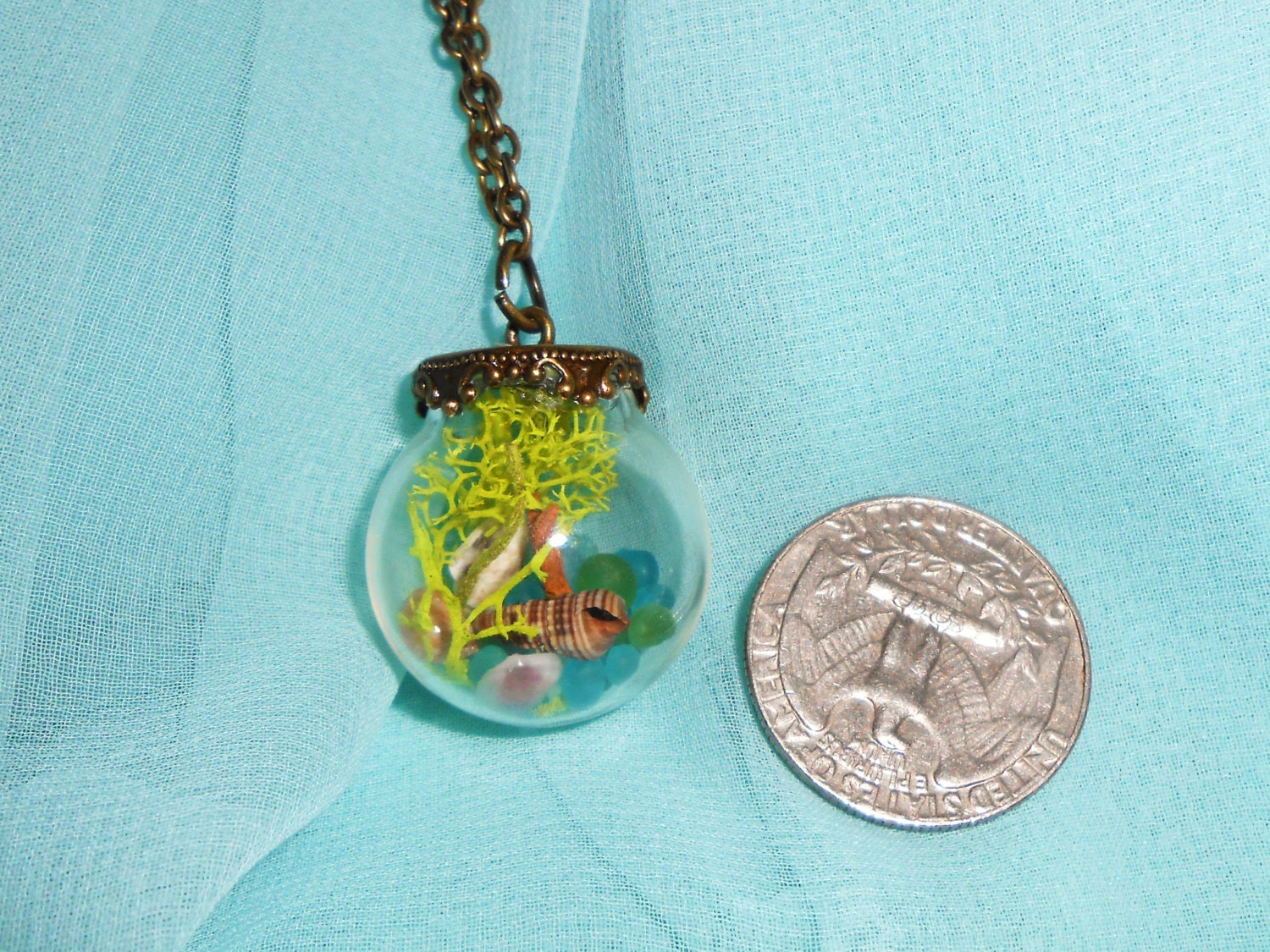 Sea Glass Terrarium Orb Pendant Filled with Green, Blue & Seafoam Sea Glass, a Tiny Little Starfish, Seashells and Moss