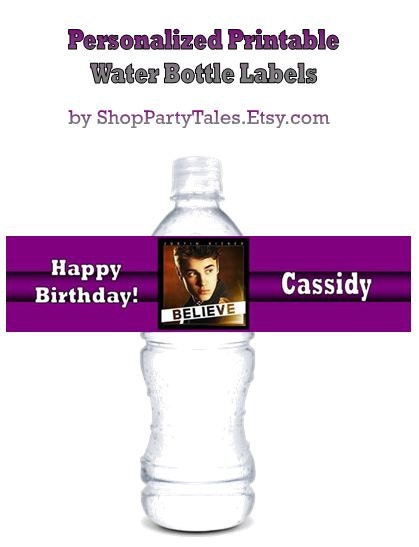 JUSTIN BIEBER BELIEVE Water Bottle Labels Birthday Girl themed Party Concer Tour Prinable You Print at home Digital File Personalized Il_570xn