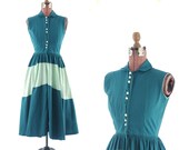 Vintage 1950's Green Cotton COLORBLOCK Full Circle Skirt Party Swing Dress S