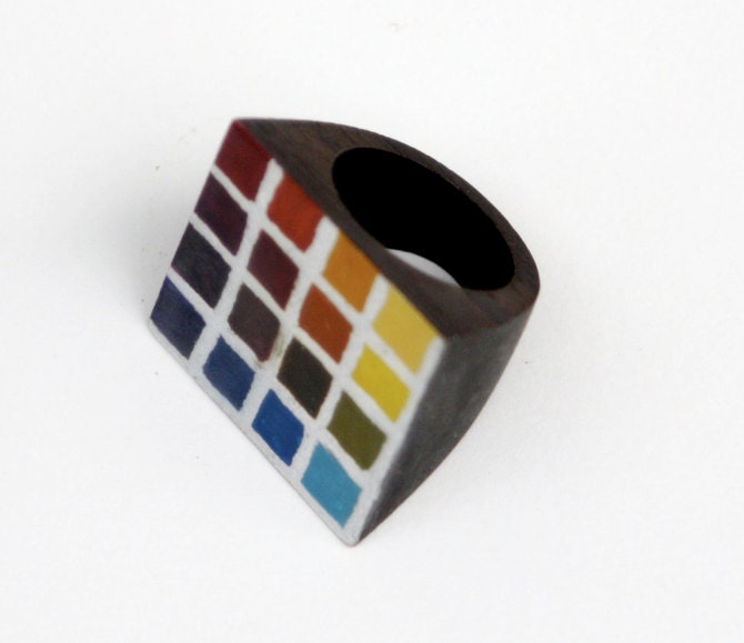 Color Rainbow Swatch with Silver Accent on Rosewood Ring
