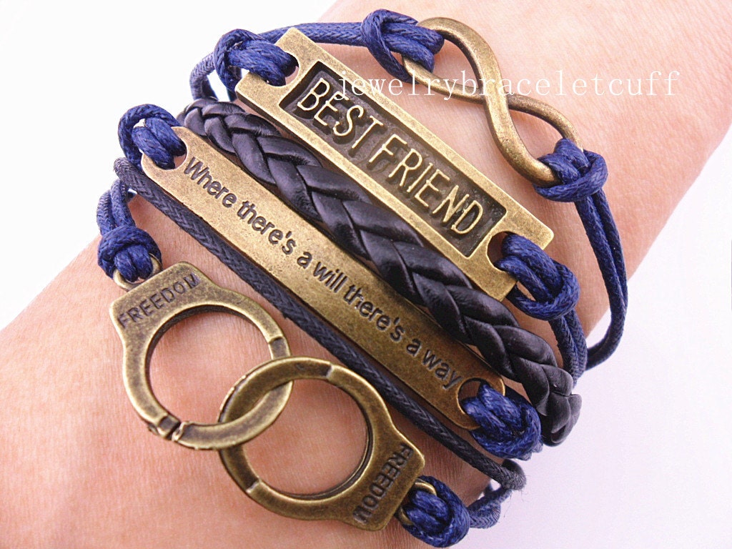 jewelry Infinity, best friend & handcuffs bronze Charm Bracelet cotton ropes Leather Braid Bracelet best Friendship gift   SH-0834