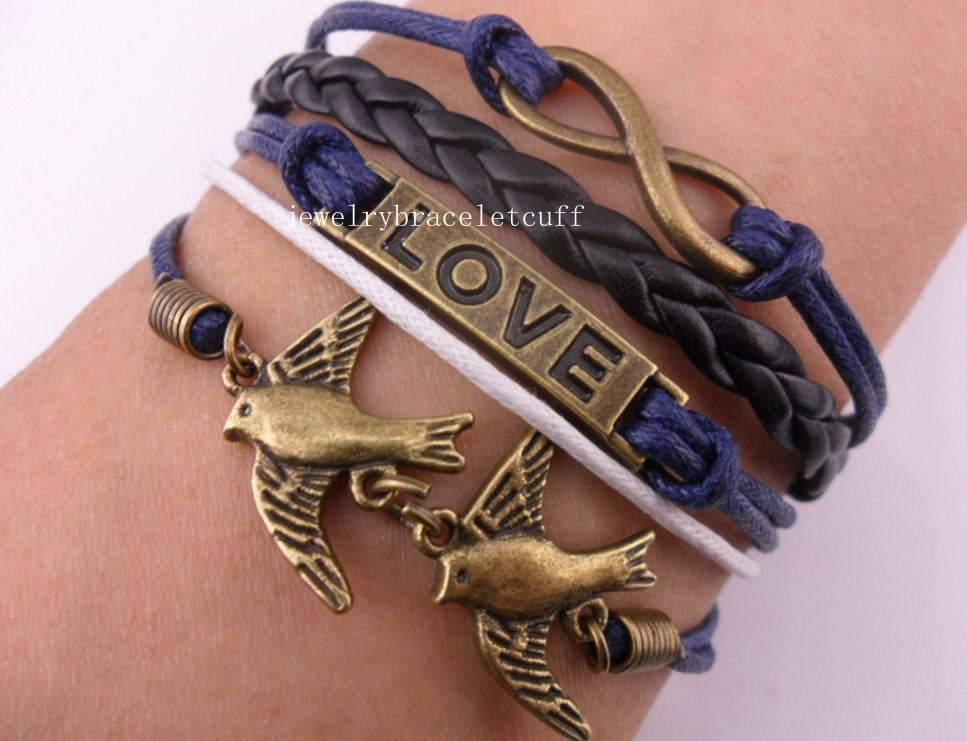 jewelry infinity, love & birds antique bronze Charm Bracelet cotton ropes Leather Bracelet best Friendship gift   SH-0838