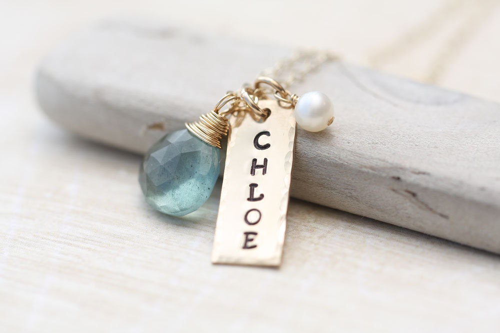 Hand Stamped Birthstone Necklace, GOLD Personalized Necklace with Name,  Mothers Necklace, Mom - MangoJewels