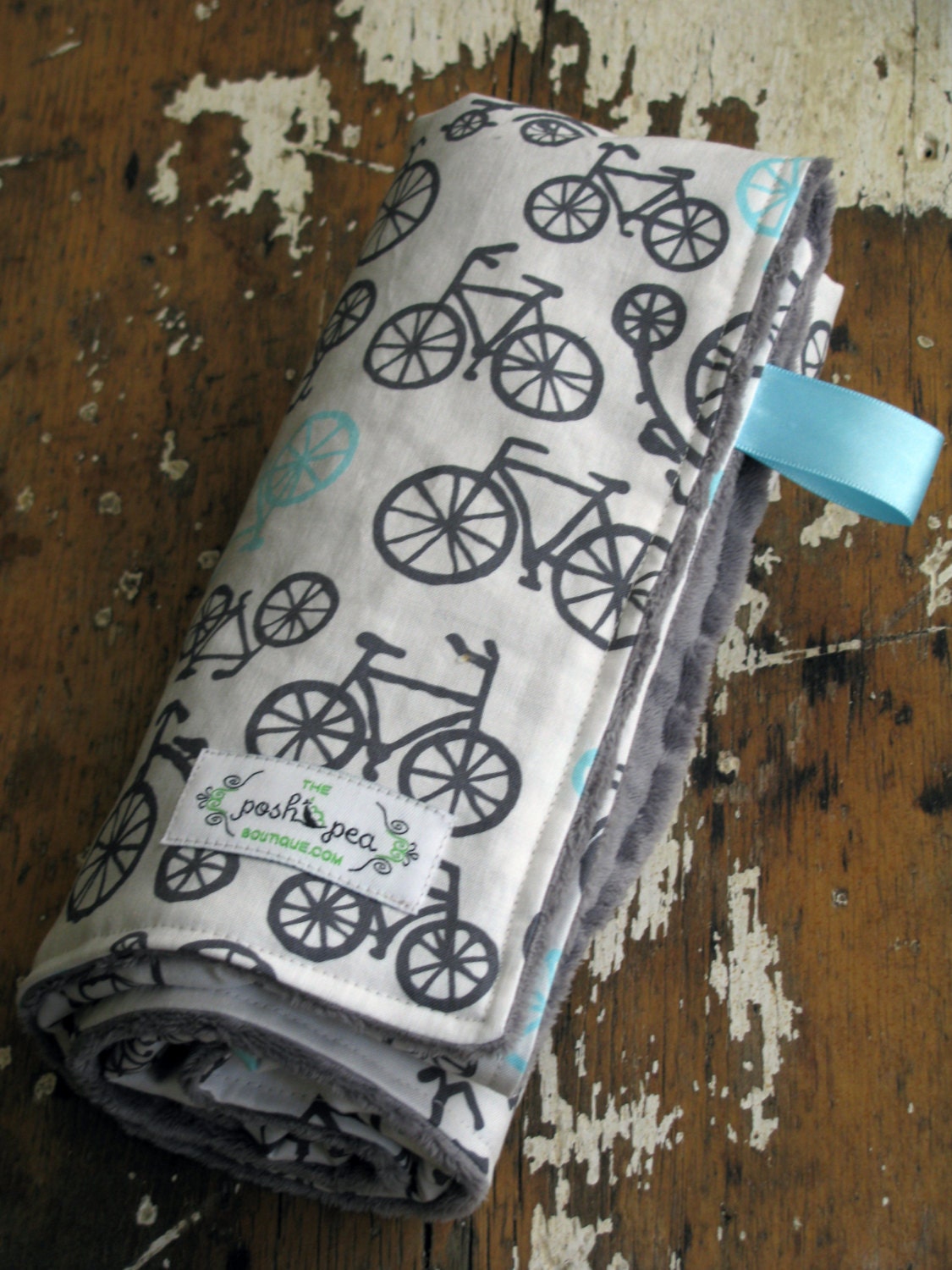 Baby Blanket - Bicycle Haze - Baby Boy - Grey & Aqua - YOU CHOOSE either Minky or Chenille back