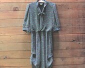 Vintage Secretary Dress Floral with Ruched skirt and Bow tie scarf