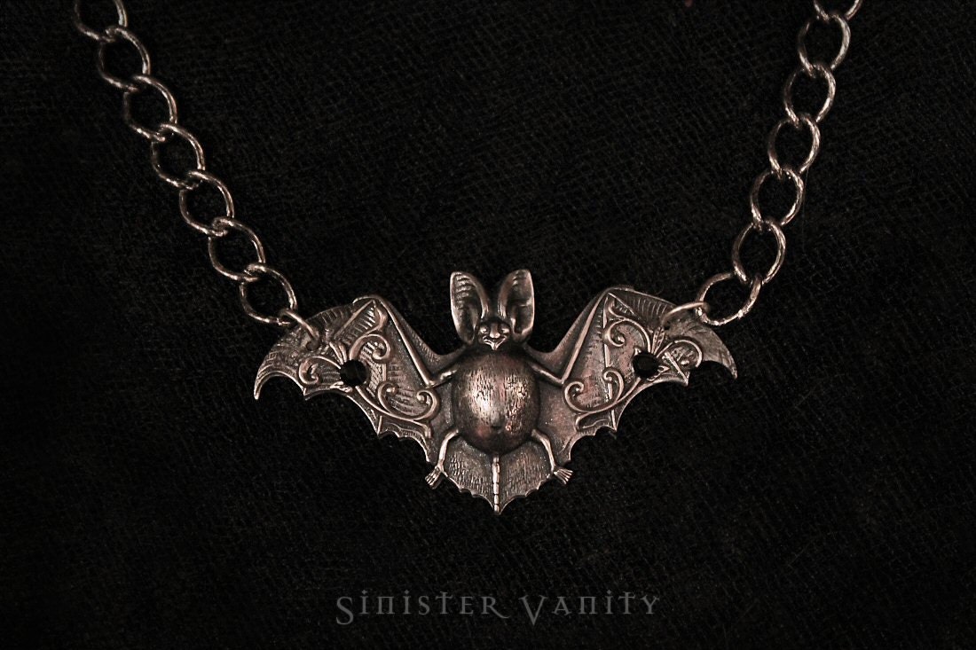 Gothic Bat Necklace Silver Ornate Victorian Flourish Wings with Jet Black Crystals Jewelry
