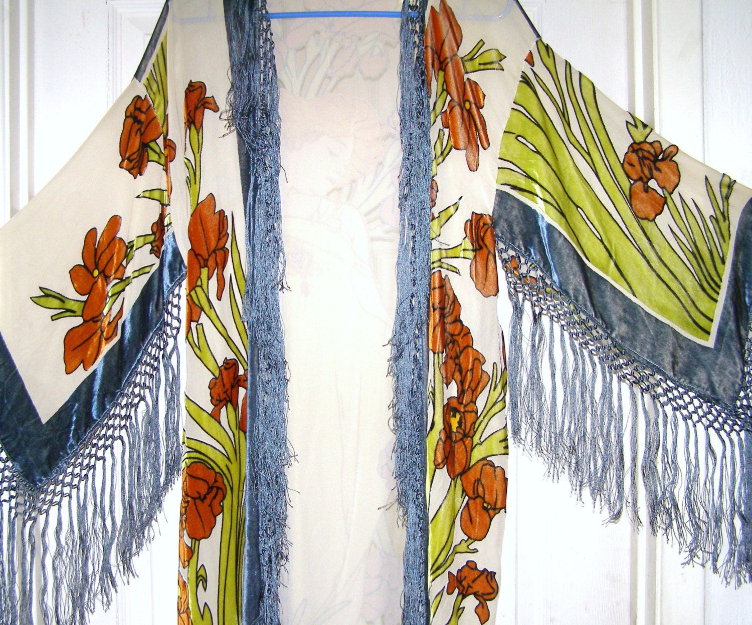SWEET Art deco lady floral silk burnout velvet fringed kimono