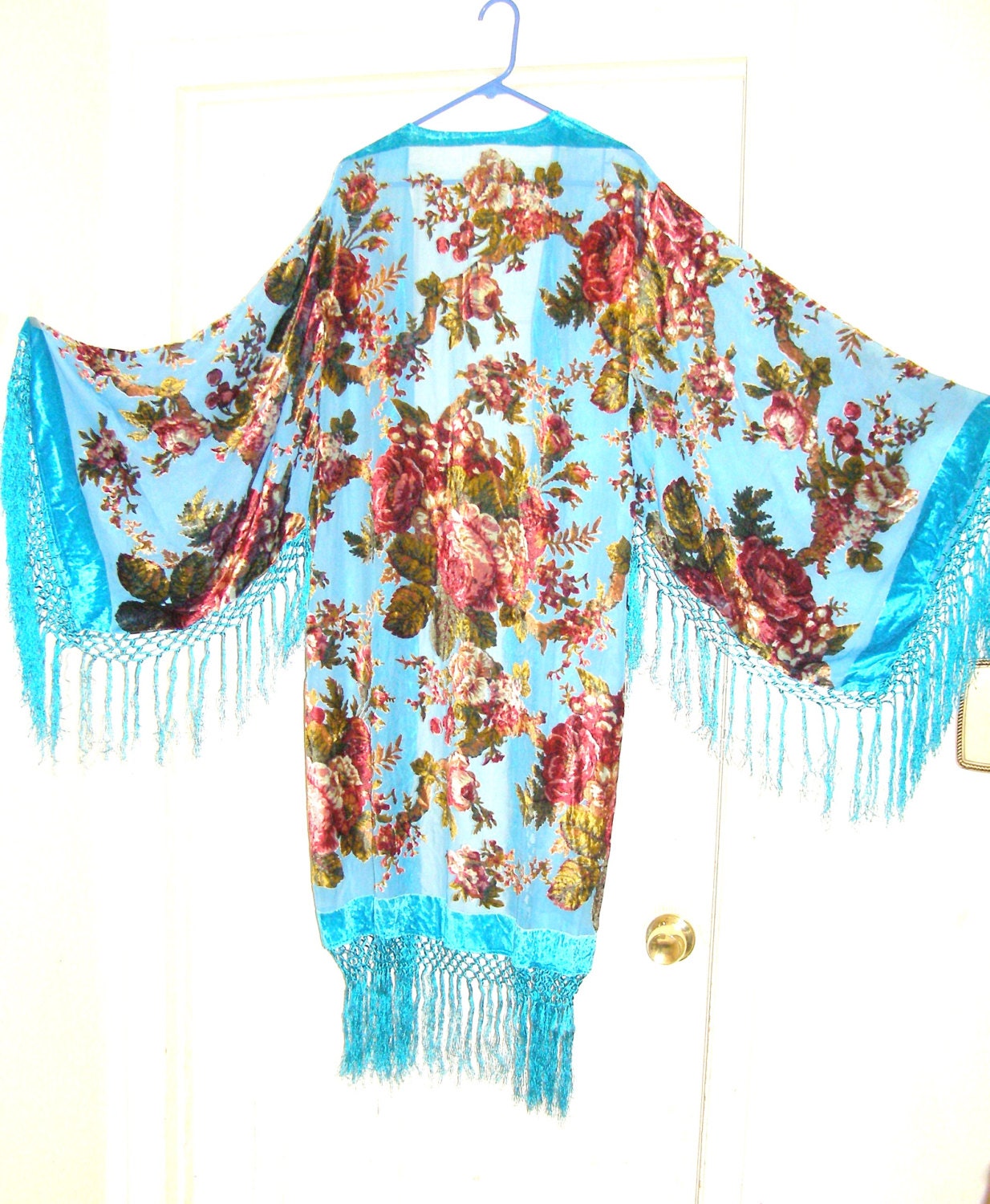 SALE Aqua blue sweet floral boho Vintage burnout  velvet silk fringed kimono