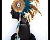 MADE TO ORDER Midsize Cream & Teal Warrior Style Headdress