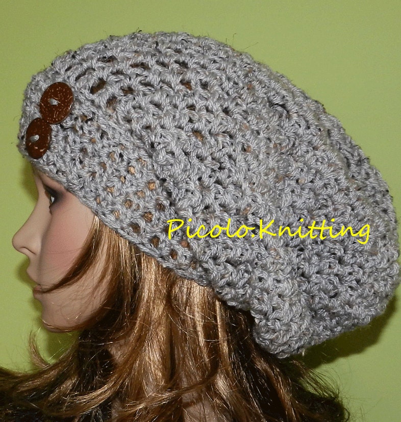 All Season Slouchy Hat in Marble Grey, Rasta Hat, Hippie Hipster Spring/Summer Beanie, Light Chunky Teen Hat with Two Big Eco Coco Buttons