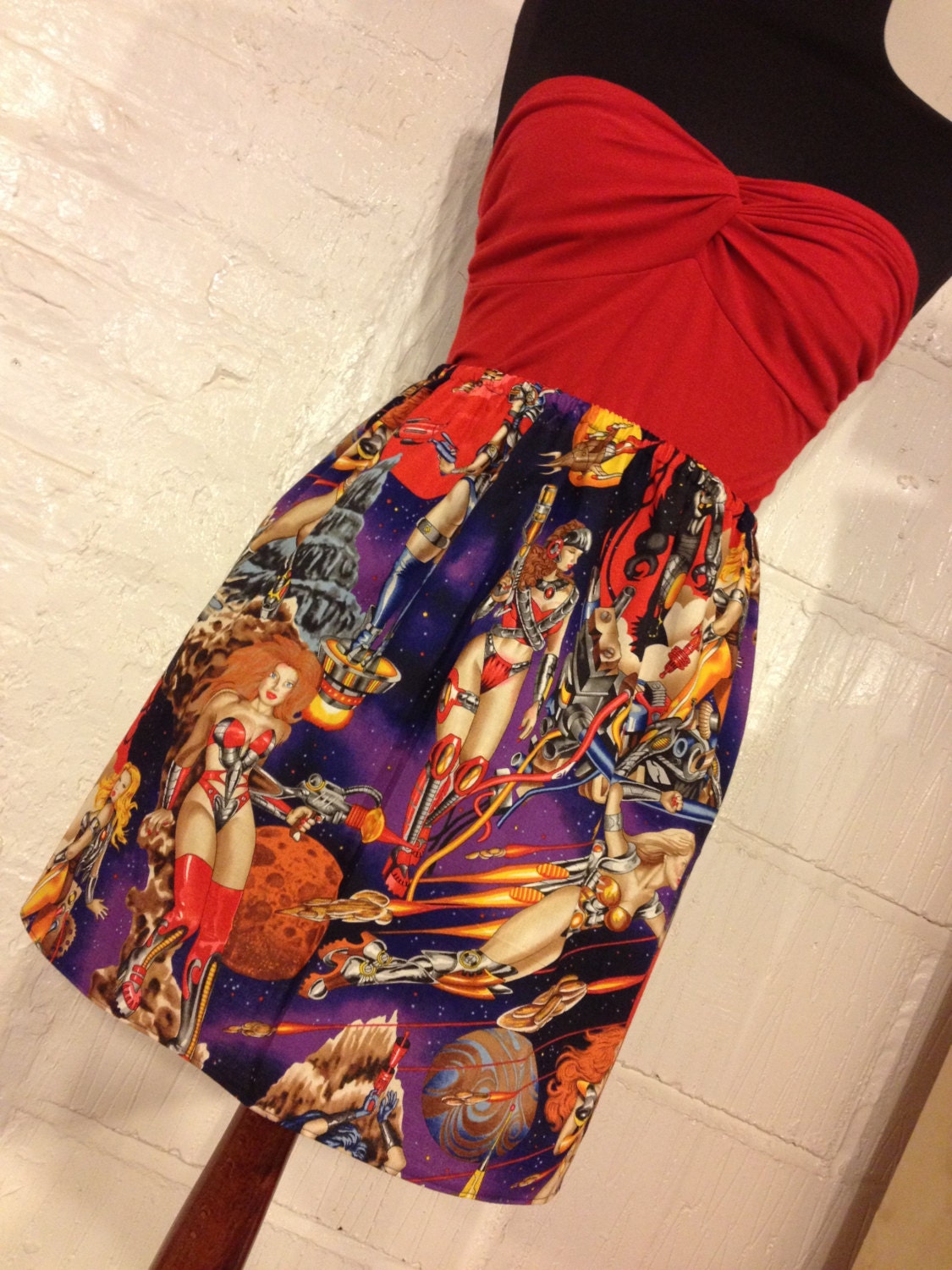 Cosmic Vixens Retro Barbarella Pin Up Space Scene High Waisted Ladies Mini Skirt -  Handmade & Ready to Ship