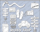 Road Trip Digital Stamp - Vacation Black and White Clipart - Travel Digital Scrapbooking, Summer Clipart