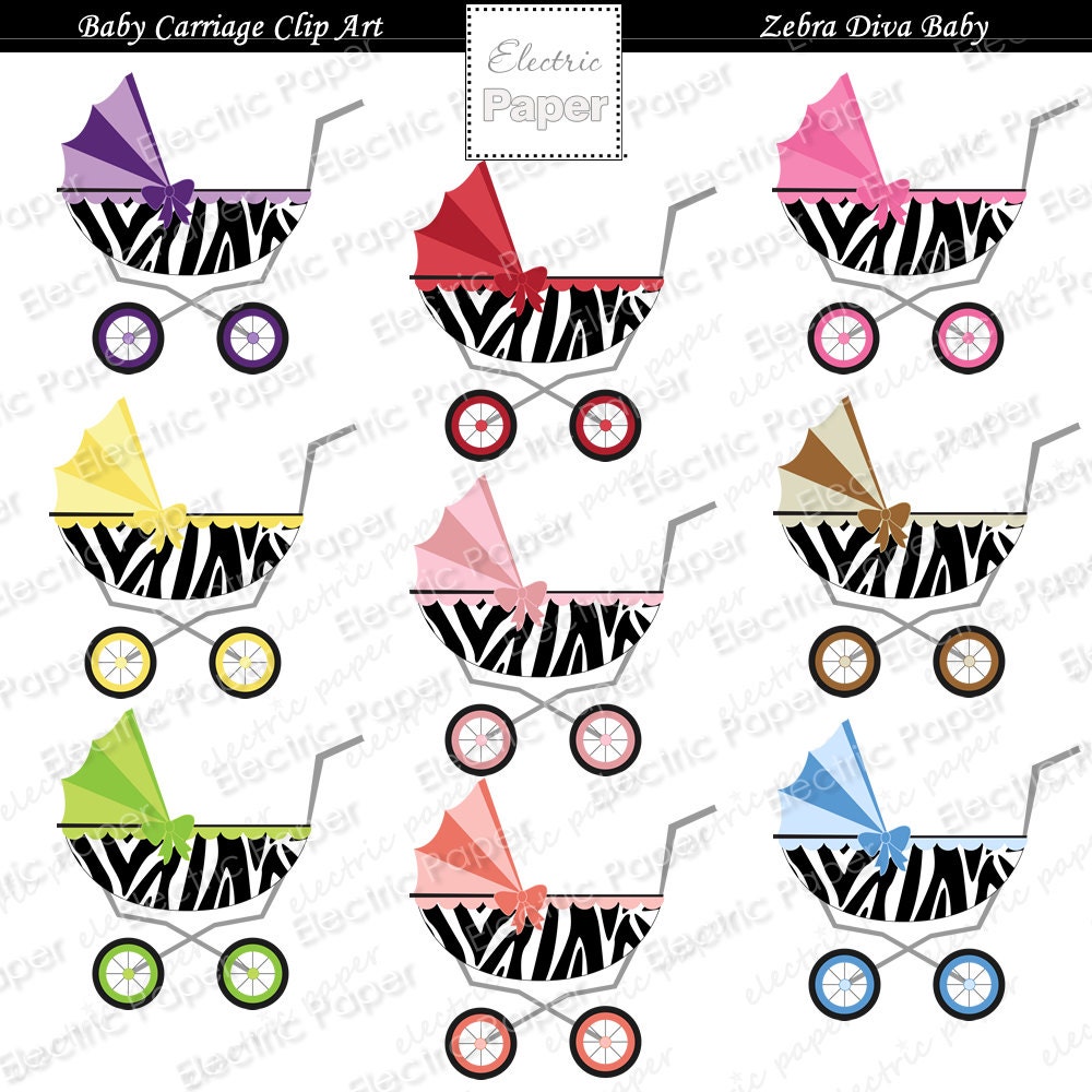 Baby Carriage Zebra - Diva Baby - Stroller Pram Clip Cart Images - instant download