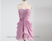 Bridesmaid Dress/party dress/strapless dress/knee length/pink Strapless Prom/ handmade flower  Wedding(B018)