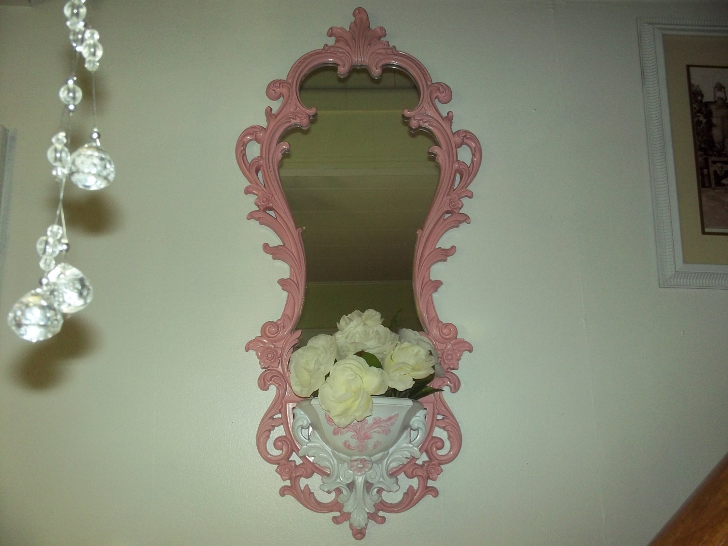 Elegant and romantic curvey French style baroque decorative wall mirror in pink and white