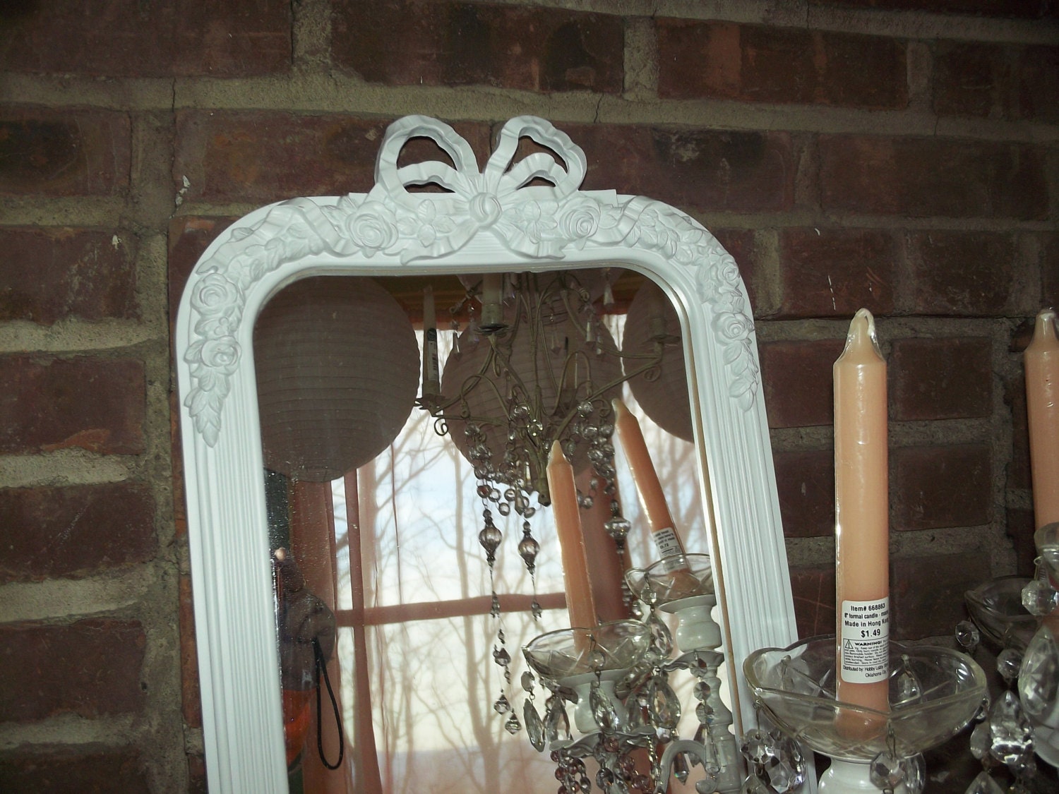 Vintage wall mirror with a shabby chic cute bow framed mirror in white