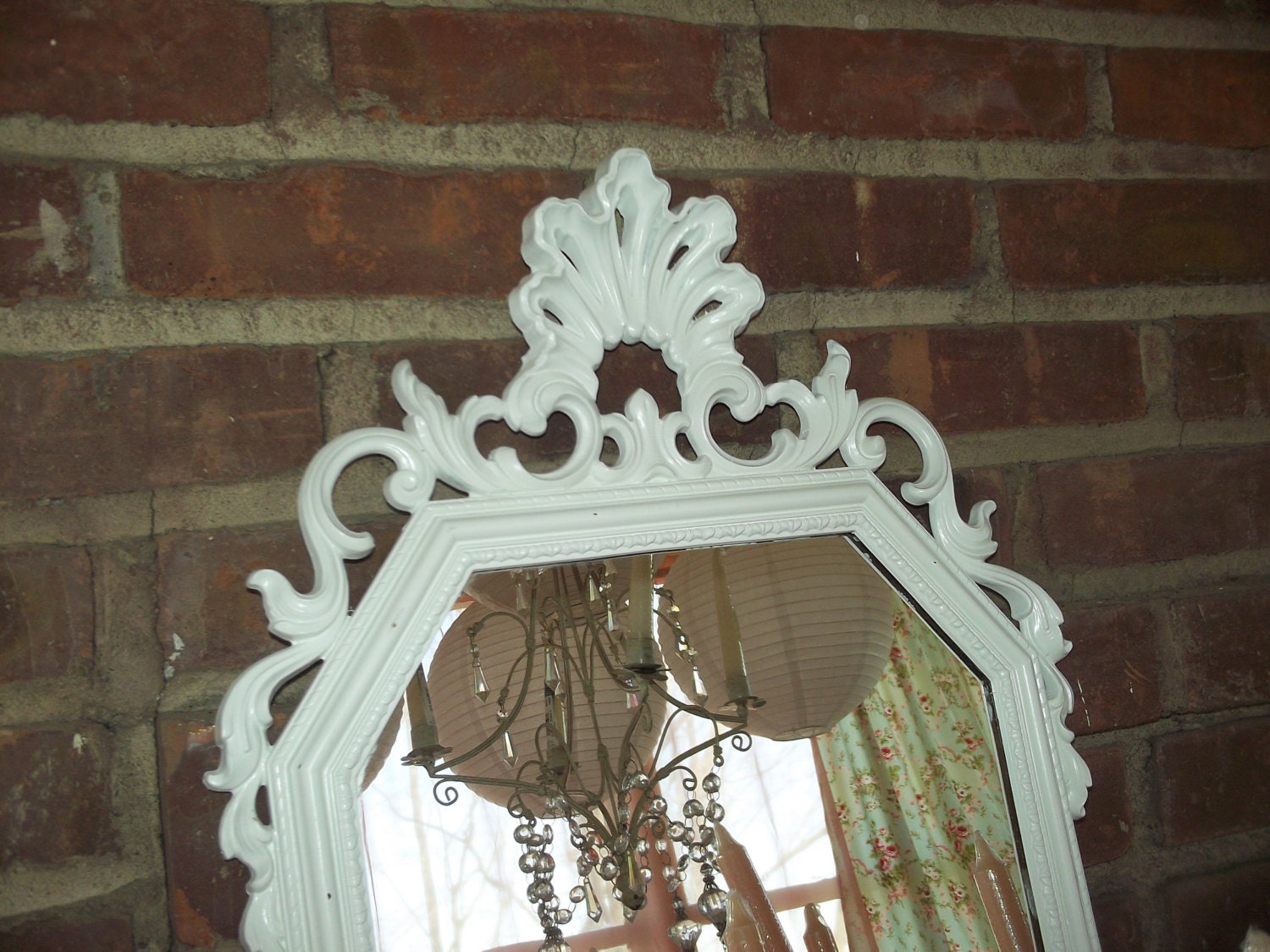 Ornate vintage shabby chic, farmhouse, cottage and Paris chic satin white mirror