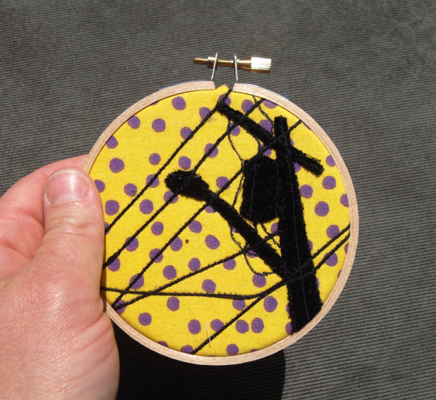 Mini Hoop, "Telephone Pole with Yellow Polka Dot Sky," OOAK, recycled fabric art, mounted in 4 inch hoop, ready to hang