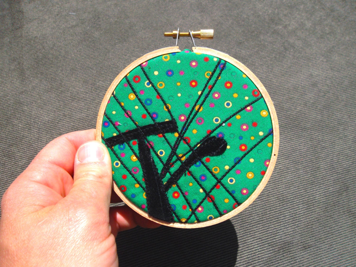 Mini Hoop, "Telephone Pole with Dotty Green Sky," OOAK, recycled fabric art, mounted in 4 inch hoop, ready to hang