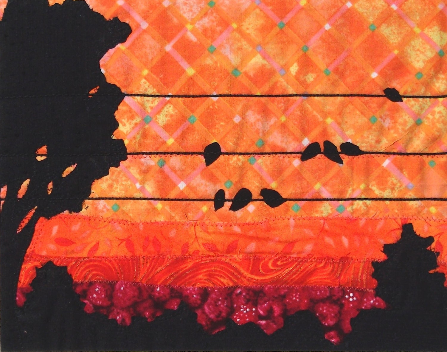 Birds on the Wire, "Orange Creamsicle and Raspberry Sorbet", 8x10 inch, recycled fabric artwork, OOAK, matted in white acid free matboard
