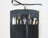 Black Leather Pencil Case, sleeve, urban chic clutch, travel pouch, étui de cuir, hand stitched, upcycled, blue black , large, 6x10
