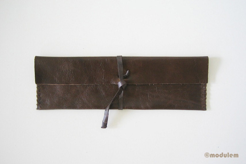 Rustic Dark Brown Leather Pencil Case, pouch, urban chic, hand stitched, long, slim, glossy finish, milk chocolate, unisex, 3x9, 3x10