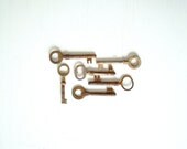 skeleton key set, six medium vintage skeleton keys, set of skeleton keys, vintage barrel keys, vintage furniture keys from france