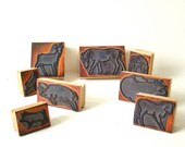 Vintage box of 8 french rubber stamps, animals with their babies, french school stamps, old rubber stamps, mid century home decor