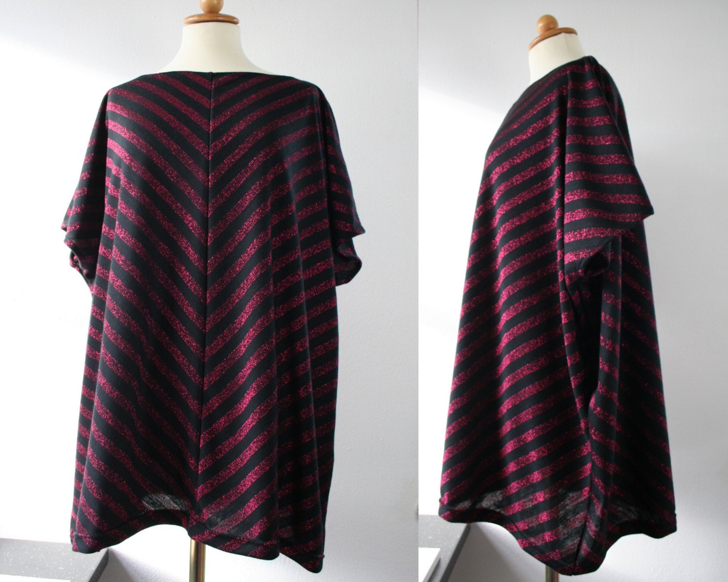 Oversized knit top, striped, black knit with metallic pink stripes, extra large size, one size for all