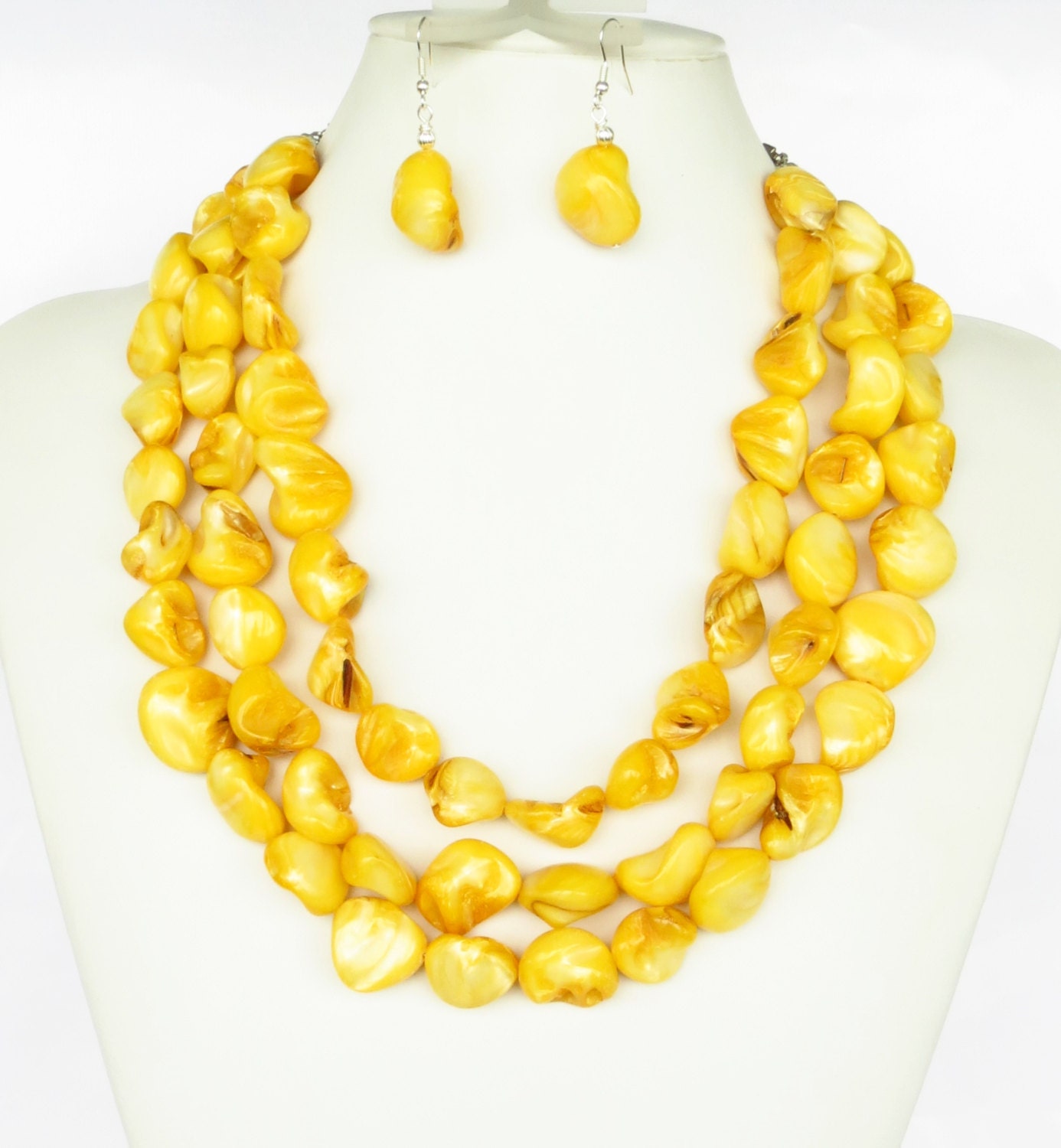 Graduated Yellow Mother of Pearl Nugget Necklace with Matching Earrings - Yellow Bridesmaid Jewelry - Yellow Bridal