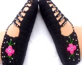 Valentine's Day Black Beaded  Turkish Crochet Slippers,Handmade Womens Slippers Socks, Ethnic, Traditional Clothes, Adult Slippers.