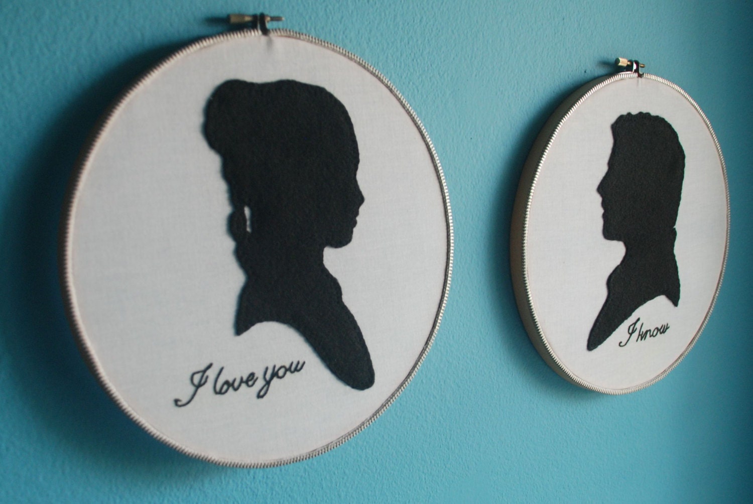 Star Wars Han Solo And Princess Leia Felt Applique Silhouette Embroidered Hoop Wall Art